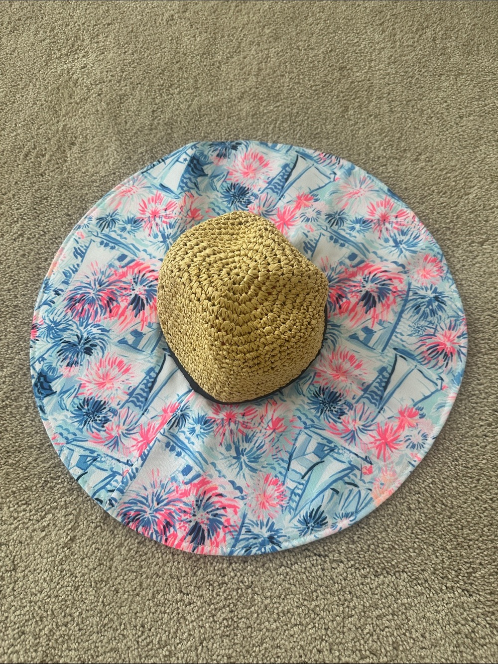Packable Straw Sun Hat with Pink & Blue Floral Brim